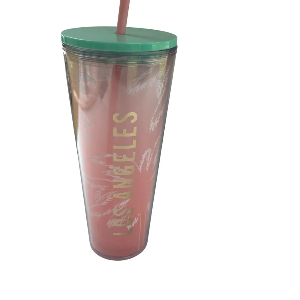 Starbucks Los Angeles Palm Tree Pink Iridescent Venti Tumbler‎ 24oz  Lid Straw